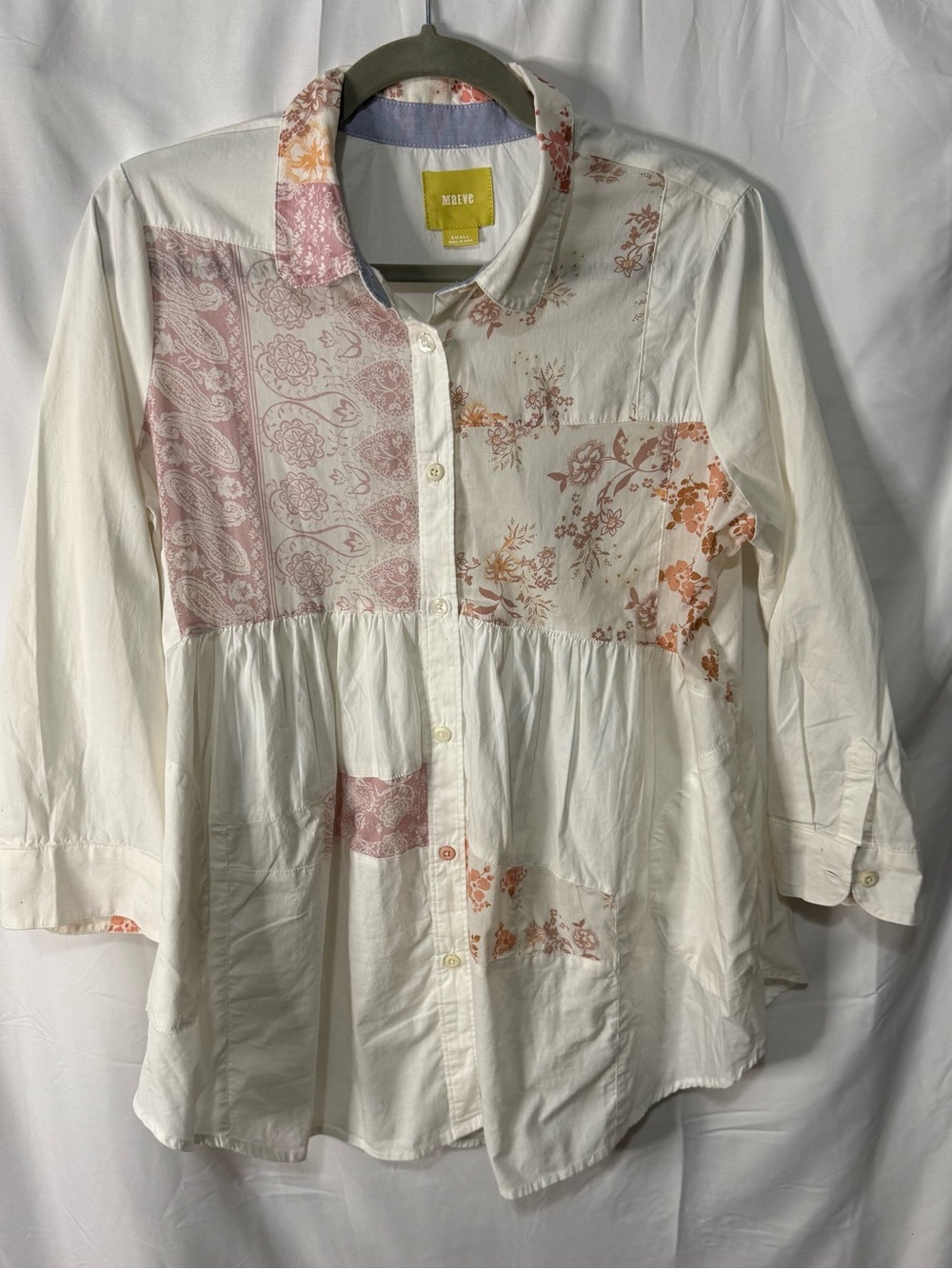 Maeve by Anthropology Patchwork Floral Button-Up in White, Peach and Light Pink